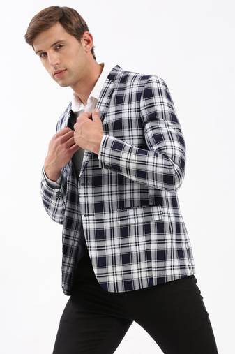 Men's Notched Lapel Checked Navy Blue Single-Breasted Blazer