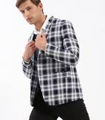 Men's Notched Lapel Checked Navy Blue Single-Breasted Blazer