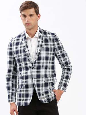 Men's Notched Lapel Checked Navy Blue Single-Breasted Blazer 2