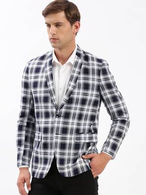 Men's Notched Lapel Checked Navy Blue Single-Breasted Blazer 3