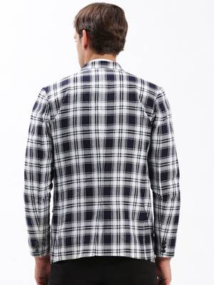 Men's Notched Lapel Checked Navy Blue Single-Breasted Blazer 4
