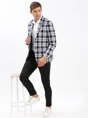 Men's Notched Lapel Checked Navy Blue Single-Breasted Blazer 5