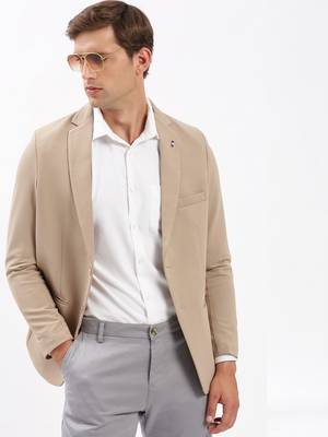 Men's Notched Lapel Solid Beige Single-Breasted Blazer 1