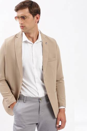 Men's Notched Lapel Solid Beige Single-Breasted Blazer