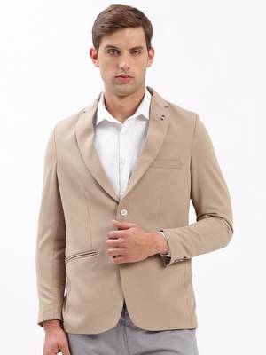 Men's Notched Lapel Solid Beige Single-Breasted Blazer 2