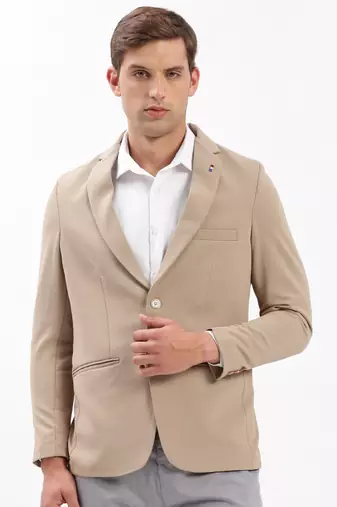 Men's Notched Lapel Solid Beige Single-Breasted Blazer