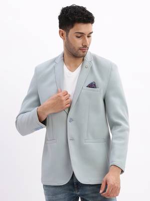 Men's Solid Notched Lapel Blue Single Breasted Blazer 2