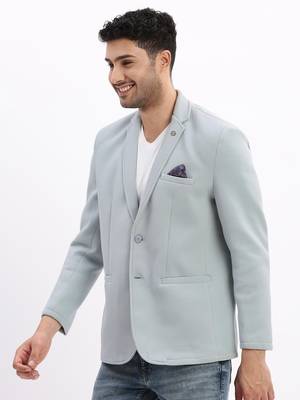 Men's Solid Notched Lapel Blue Single Breasted Blazer 3