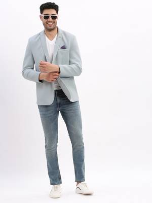 Men's Solid Notched Lapel Blue Single Breasted Blazer 5