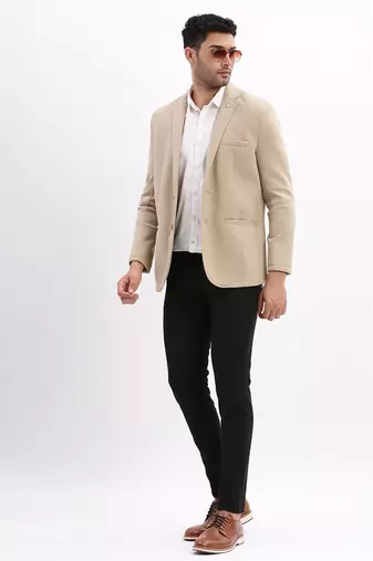 SHOWOFF Men's Solid Notched Lapel Beige Single Breasted Blazer