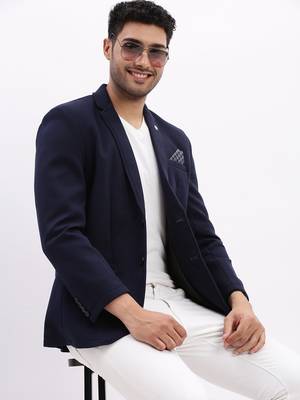 Men's Solid Notched Lapel Navy Blue Single Breasted Blazer 1