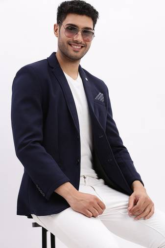Men's Solid Notched Lapel Navy Blue Single Breasted Blazer