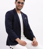 Men's Solid Notched Lapel Navy Blue Single Breasted Blazer