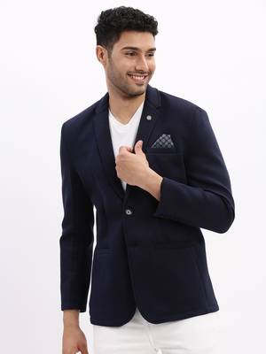 Men's Solid Notched Lapel Navy Blue Single Breasted Blazer 2
