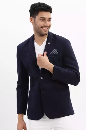 Men's Solid Notched Lapel Navy Blue Single Breasted Blazer