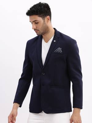 Men's Solid Notched Lapel Navy Blue Single Breasted Blazer 3