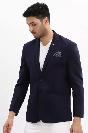 Men's Solid Notched Lapel Navy Blue Single Breasted Blazer