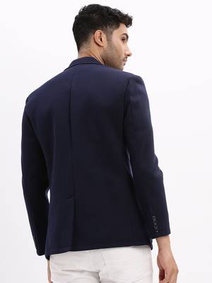 Men's Solid Notched Lapel Navy Blue Single Breasted Blazer 4