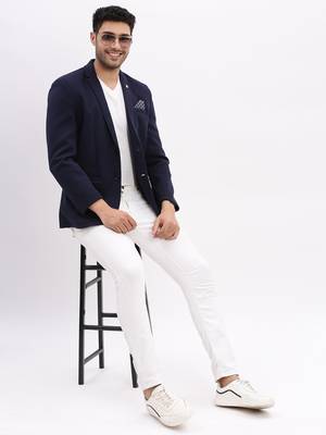 Men's Solid Notched Lapel Navy Blue Single Breasted Blazer 5