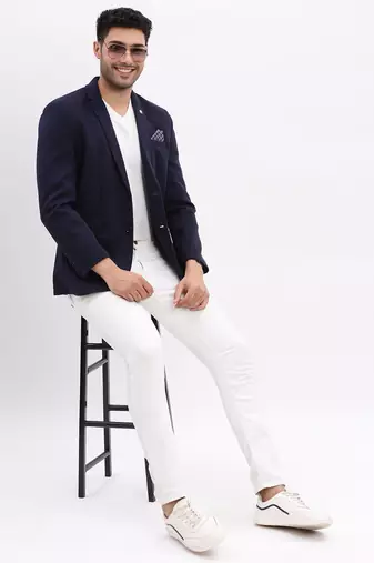 Men's Solid Notched Lapel Navy Blue Single Breasted Blazer