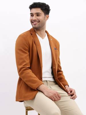 Men's Solid Notched Lapel Camel Brown Single Breasted Blazer 1