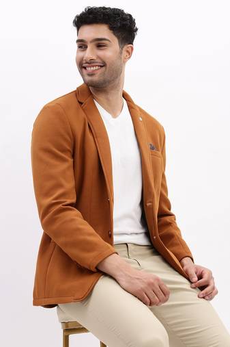 Men's Solid Notched Lapel Camel Brown Single Breasted Blazer