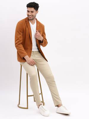 Men's Solid Notched Lapel Camel Brown Single Breasted Blazer 5