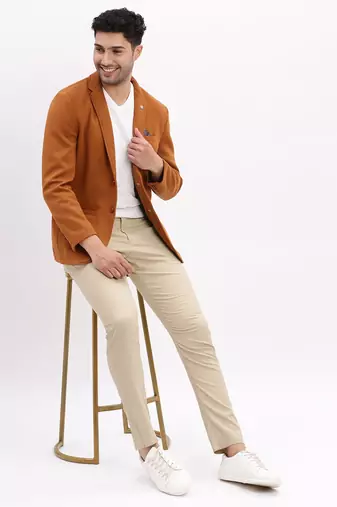 Men's Solid Notched Lapel Camel Brown Single Breasted Blazer