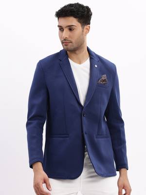 Men's Solid Notched Lapel Blue Single Breasted Blazer 2