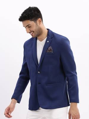 Men's Solid Notched Lapel Blue Single Breasted Blazer 3