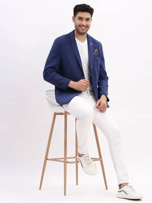 Men's Solid Notched Lapel Blue Single Breasted Blazer 5