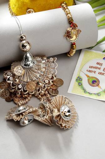  unisex set of 2 gold artificial beads bhaiya bhabhi rakhi with roli chawal & chocolate