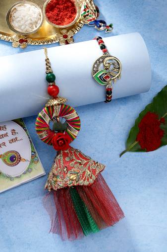  unisex set of 2 multicolor peacock design bhaiya bhabhi rakhi with roli chawal & chocolate