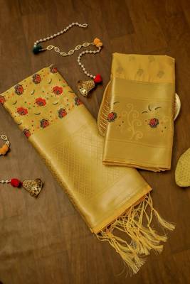 Yellow soft banarasi silk zari woven design dress material 1