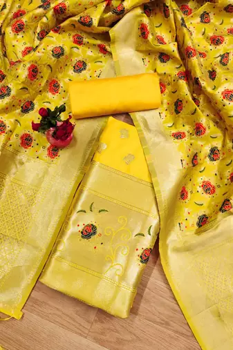 Yellow soft banarasi silk zari woven design dress material