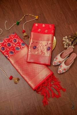 Red soft banarasi silk zari woven design dress material 1