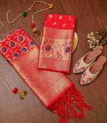 Red soft banarasi silk zari woven design dress material