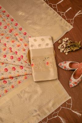 Cream soft banarasi silk zari woven design dress material 2