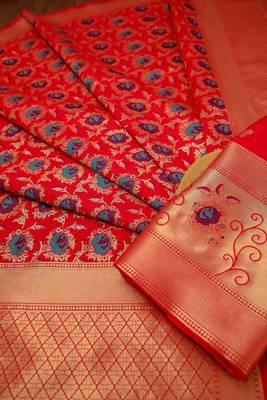 Red soft banarasi silk zari woven design dress material 2