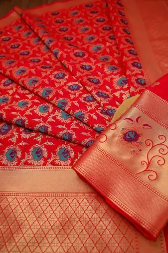 Red soft banarasi silk zari woven design dress material