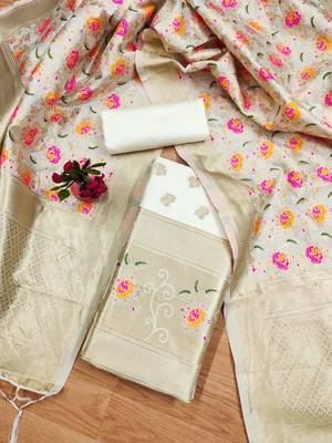 Cream soft banarasi silk zari woven design dress material 3