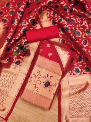 Red soft banarasi silk zari woven design dress material 3