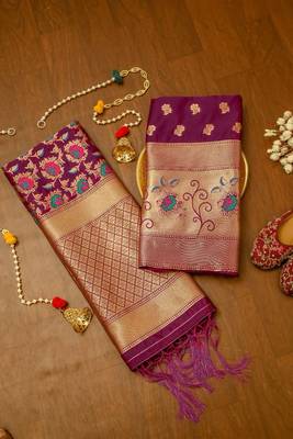 Purple soft banarasi silk zari woven design dress material 1