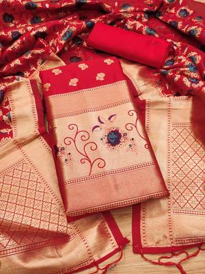 Red soft banarasi silk zari woven design dress material 4