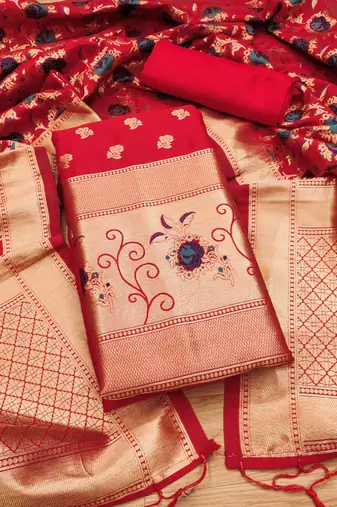 Red soft banarasi silk zari woven design dress material