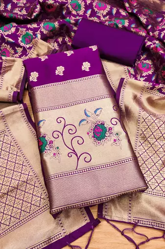 Purple soft banarasi silk zari woven design dress material