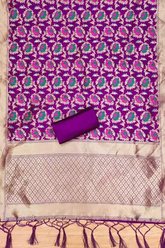 Purple soft banarasi silk zari woven design dress material