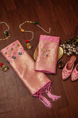 Pink soft banarasi silk zari woven design dress material 1