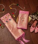 Pink soft banarasi silk zari woven design dress material