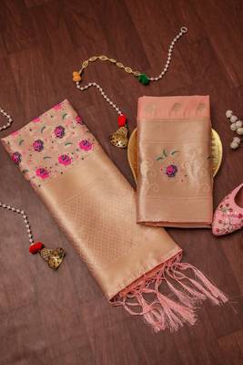 Peach soft banarasi silk zari woven design dress material 1